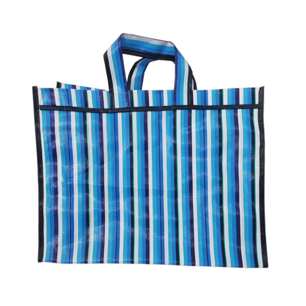 a black blue and white nylon bag.