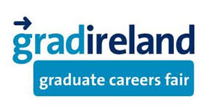 gradilerand logo. In a white background, the blue title "Gradireland. Gradutate careers fair".