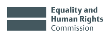 uk equality and human rights comission logo. In a white background, at the left, two blue rectangles. At the right the title "Equality an Human Rights Comission", collored in blue.
