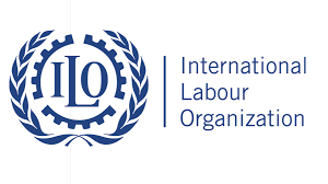 international labour organization logo. The letters I, L and O are insisde a circular gear, which in its turn, is inside a circular branch of olives. Every element is blue inside a white background
